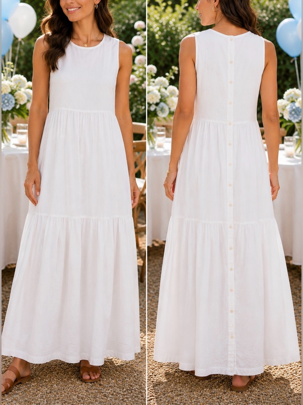 Beige White Sleeveless Maxi Dress XS Button Back Lined Boho Cotton Blend